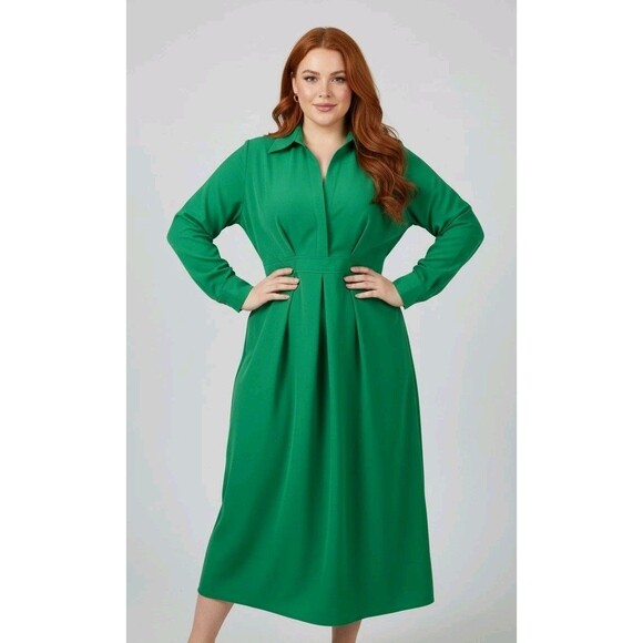 Women's Green Collared Shirt Dress Long Sleeve Midi Pleated Dress By UOOZEE - Picture 1 of 16